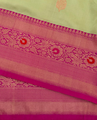 Banarasi Katan Pure Silk Saree | Light Pistachio Green & Pink | Gold Zari | Handwoven | Silk Mark Certified | Ships from California